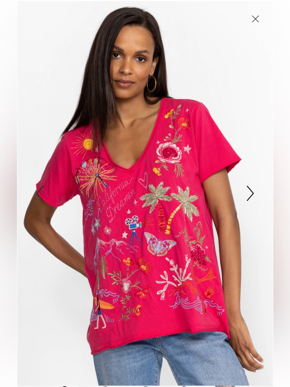 Johnny Was Pink Embroidered Cotton V Neck California Everyday Tee Top Sz. XXL